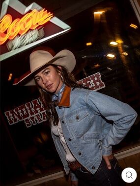 Light Blue Denim Jacket with Leather Collar - Women